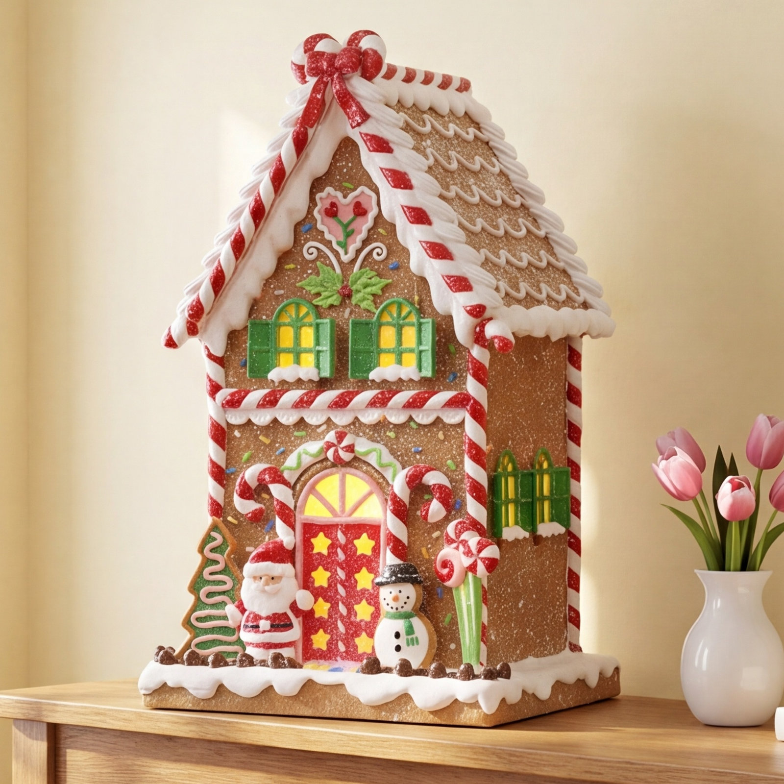 16.54”H Gingerbread Village House - LED Lights, 8 Carols Music, Battery - Hand-Painted Resin