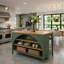 Charmant îlot de cuisine de style campagnard de 56 pouces avec rangement ouvert, plateau en bois d'hévéa et élégante arche en vert