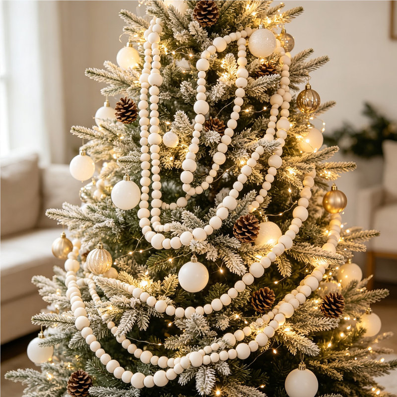 4 pièces guirlande de perles de bois de Noël, guirlande de perles en bois de 28,8 pieds pour la décoration d'arbre de Noël