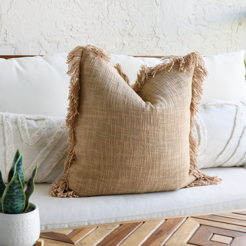 India Chic Fringed Cotton Pillow Cover, Brown, 16" x 16"