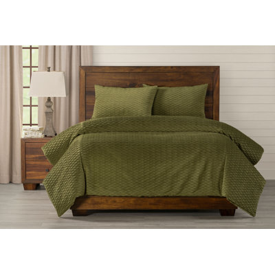 Pleated Velvet Olive Green Duvet Cover Set