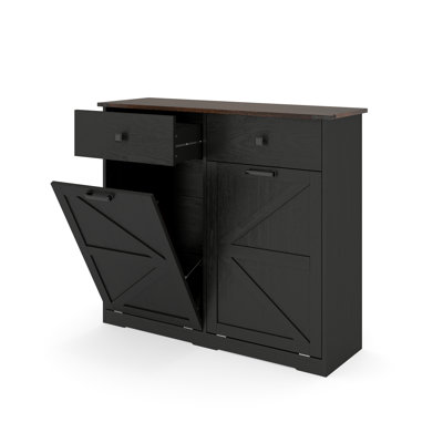 Farmhouse Tilt-out Trash Cabinet with 2 Drawers, Laundry Hamper Cabinet, Fits Two 10-gallon Cans, Black (Cans Not Included)