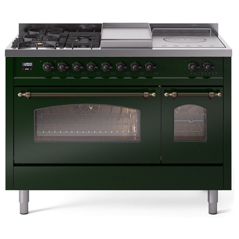 ILVE Nostalgie II Series 48 inch Dual Fuel Range with 5 Sealed Burners, Griddle, Frenchtop (Glass Door), Emerald Green/Bronze