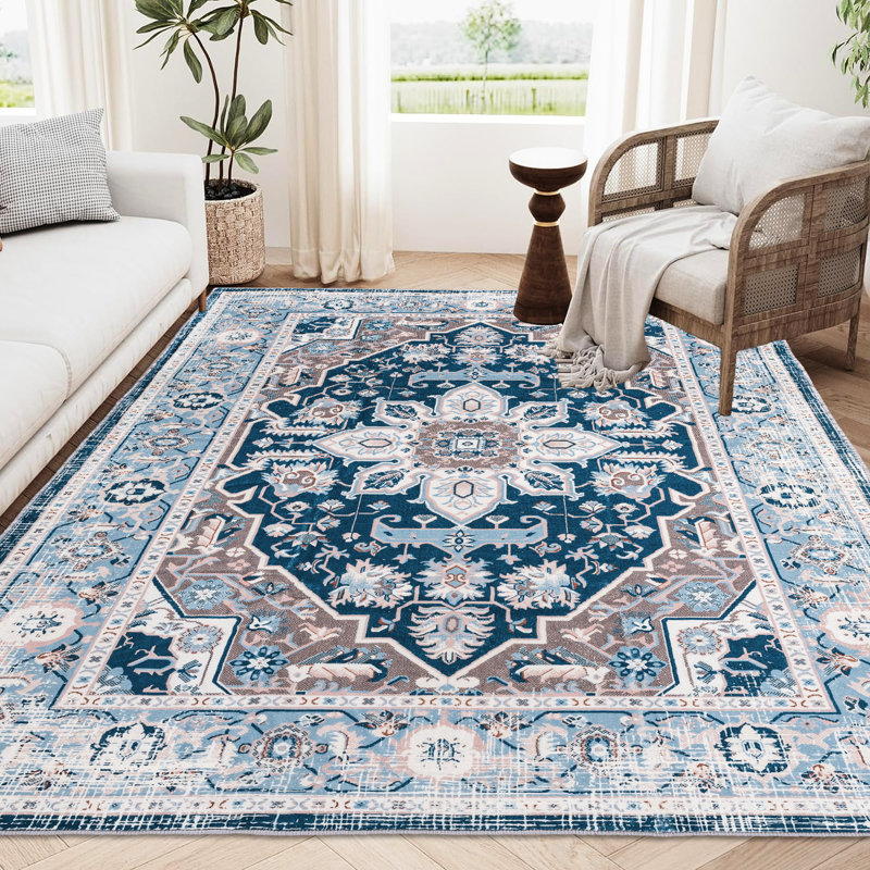 Tapis 8 x 10, ornement bohémien rétro, antidérapant lavable pour la maison, image de fleur bleue, cuisine fabriquée à la machine, fabriqué à la machine