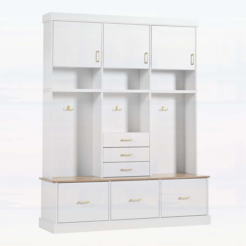 Modern Hall Tree with Coat Rack,6 Drawers,3 Cabinets,and Bench, White/Natural