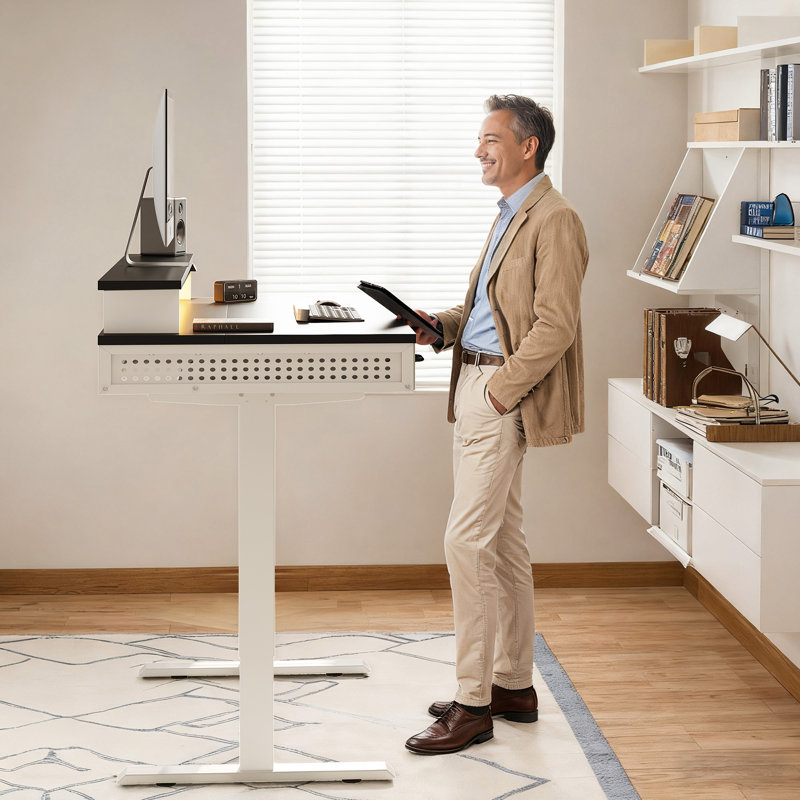 Bureau debout à hauteur réglable avec 3 tiroirs Woodend, prises de courant et lumières DEL Yaelin Home Office, Noir / blanc