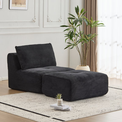 Modern Memory Foam Compressed Sofa Single Chaise Longue for Living Room Corduroy Fabric Movable Ottoman No Assembly with Pillows