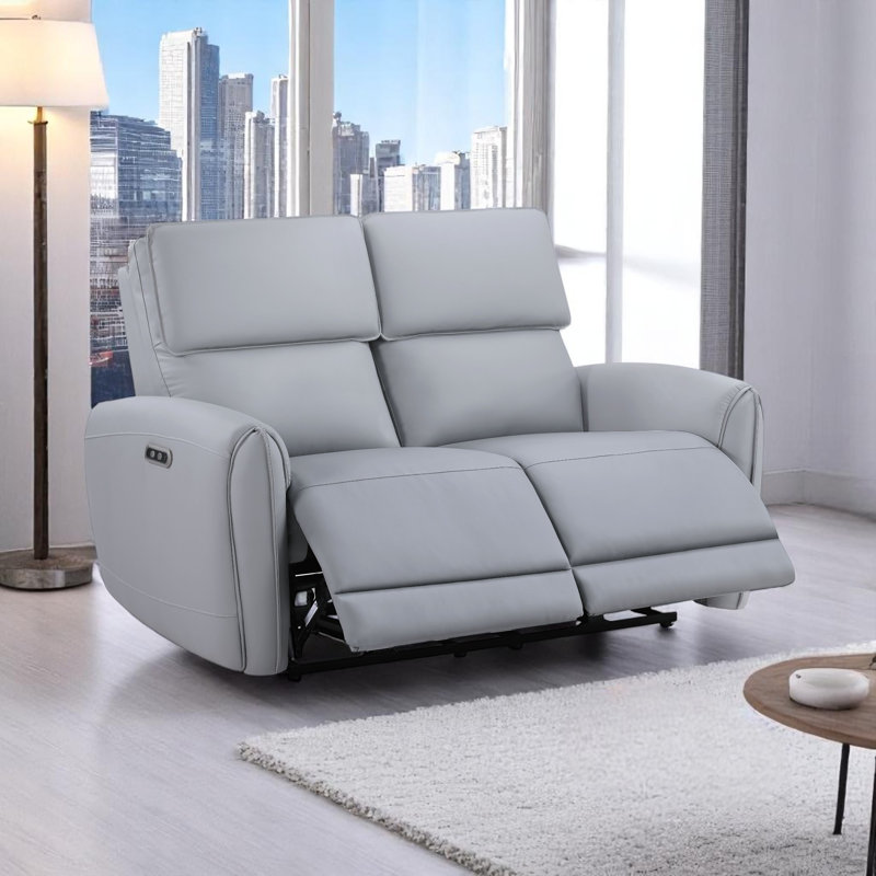 Gray Faux Leather Power Reclining Loveseat With USB Port, Modern Motion Loveseat For Living Room