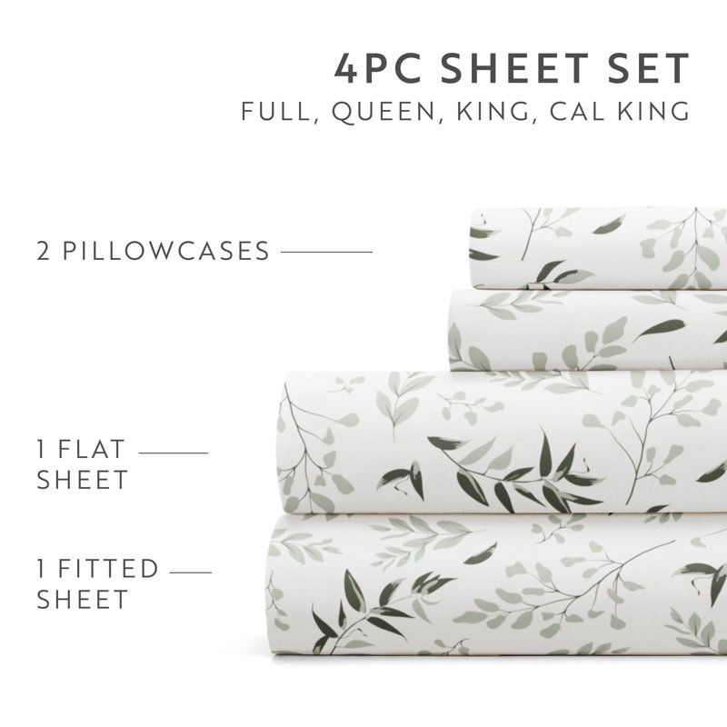 Sheet Set Solid Microfiber Ultra Soft Bedding, Queen Sheet Set with 2 Pillowcases, Eucalyptus Floral