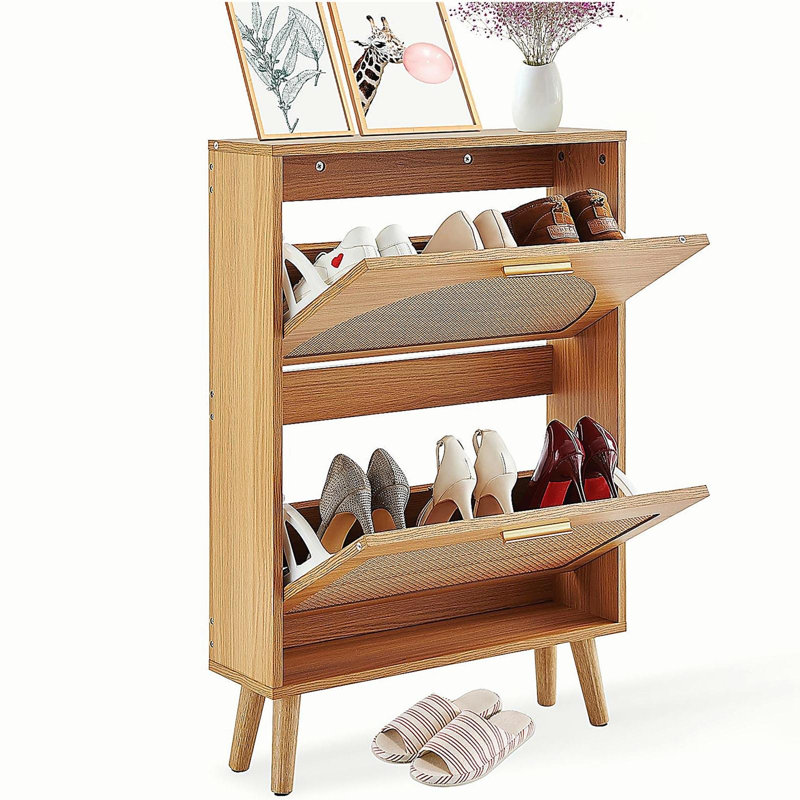 Shoe Cabinet with 2 Flip Drawers, Shoe Storage Cabinet for Entryway, Free Standing Shoe Storage Organizer with Rattan Doors