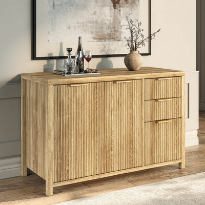 47" Wood Finish Striped Sideboard Buffet Cabinet with 3 Drawers and Adjustable Shelves
