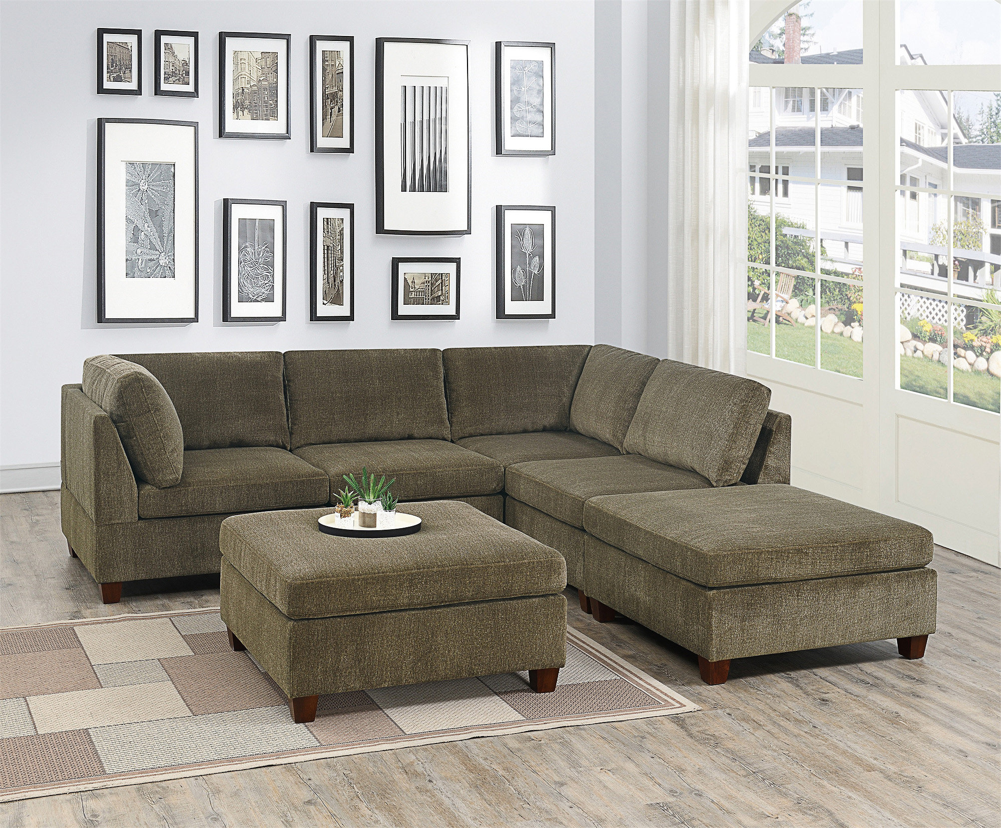 Ceballos Living Room Furniture Tan Chenille Modular Sectional 6Pc Set