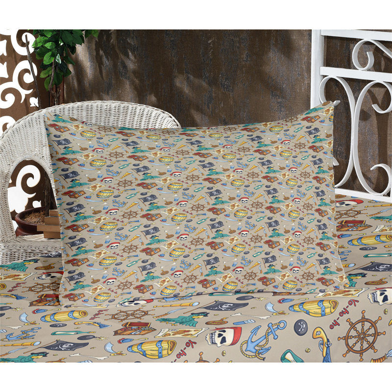 Ambesonne Pirates Fitted Sheet & Pillow Sham , Multicolor, Full Fitted Sheet Set + 4 Pillow Cases