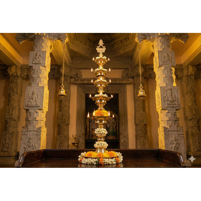 40" Large Brass Lotus Lamp with Five Layers | Multi-Tier Wick Diya for Temple, Puja Room & Grand Event Decor | Handmade South Indian Oil Lamp