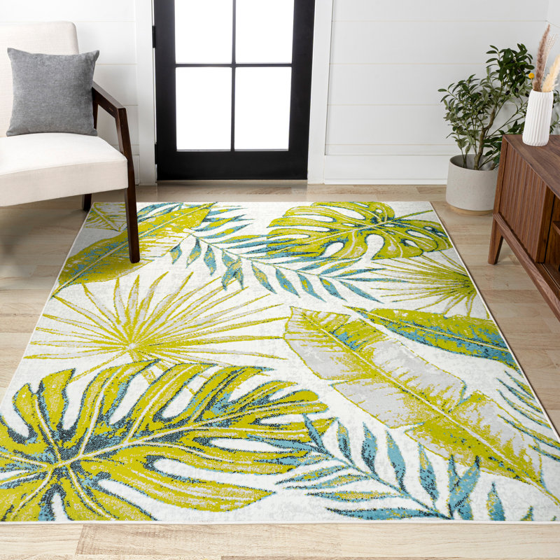Marlinton Tropical Leaves Ivory/Green Rug, Rectangle 3'11" x 6'