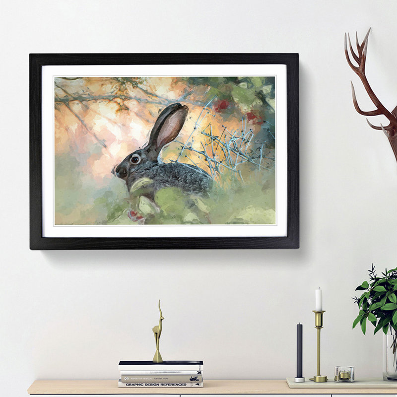 Hare in the Bushes in Abstract - Picture Frame Graphic Art Print on MDF, 27cm H x 36cm W x 2cm D, Black Framed