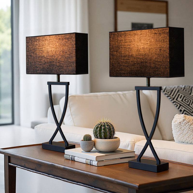 21'' Minimalist Table Lamp Set Of 2, Rectangular Linen Shades, Black, Black