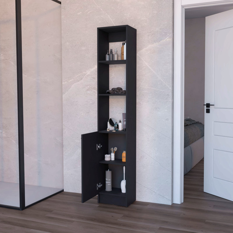 Armoire à linge avec 1 porte, 3 tablettes ouvertes, Noir mat