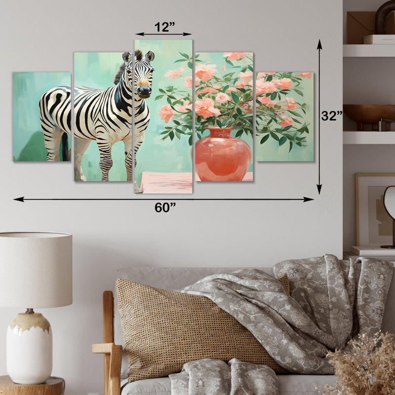 Rose et vert floral zèbre IV - art mural multi-panneaux zèbre