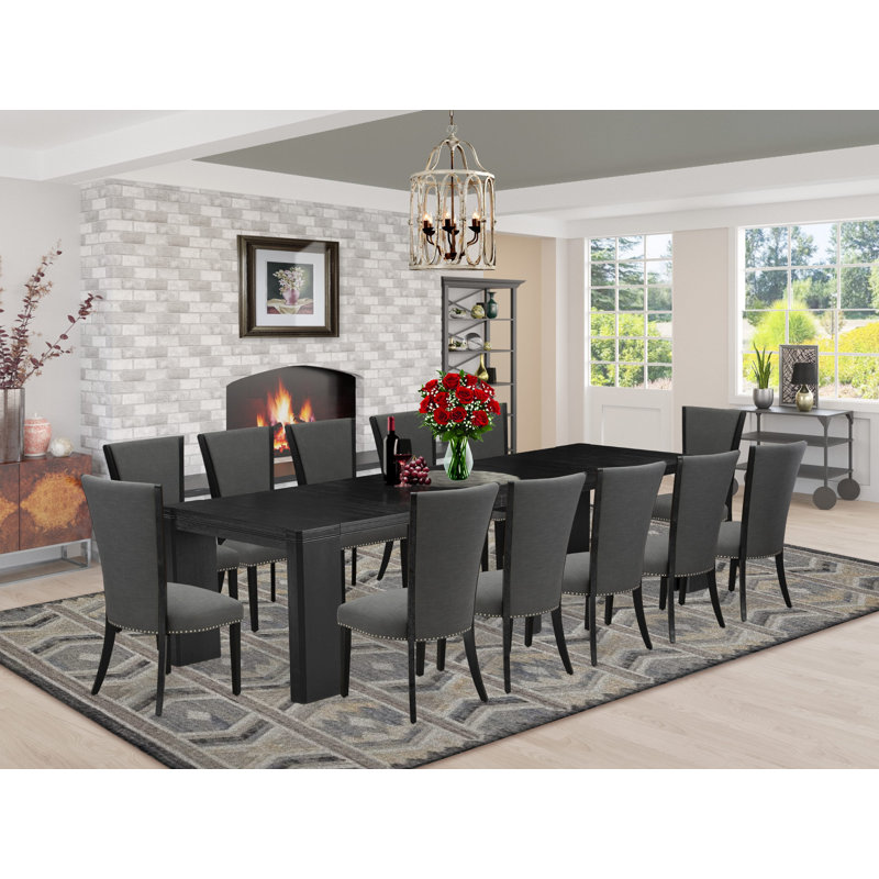 Ensemble de table de salle à manger 13 pièces, table de cuisine rectangulaire et 12 chaises de salle à manger en tissu gris foncé Gotham, noir brossé