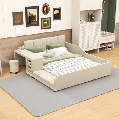 Lit plateforme tapissier luxueux en velours avec bureau, tabouret rond et rails de sécurité