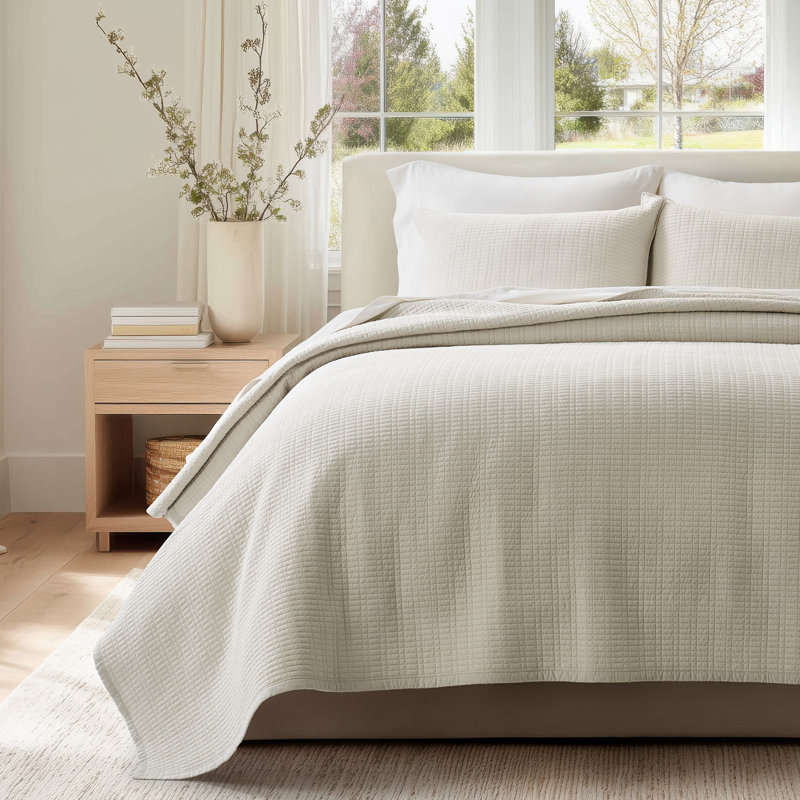 Evergrace 100% Cotton Quilt, Pre-Washed Modern Grid Stitch Lightweight Bedspread Coverlet For All Season, Oversized 3-Piece Quilt Set With 2 Pillow Shams