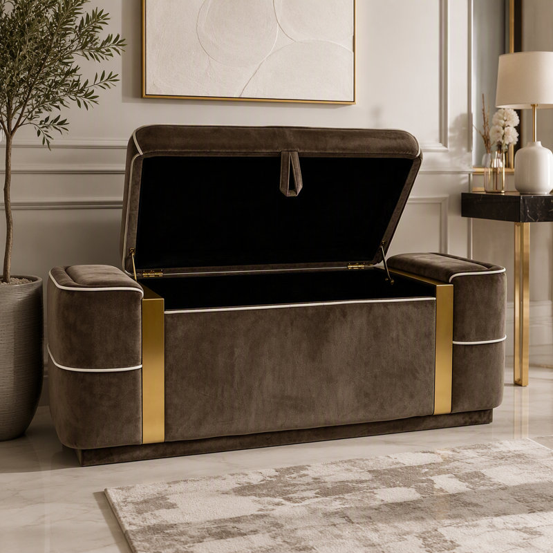 Banc de rangement moderne avec repose-pieds en velours et détails en métal doré, Brun