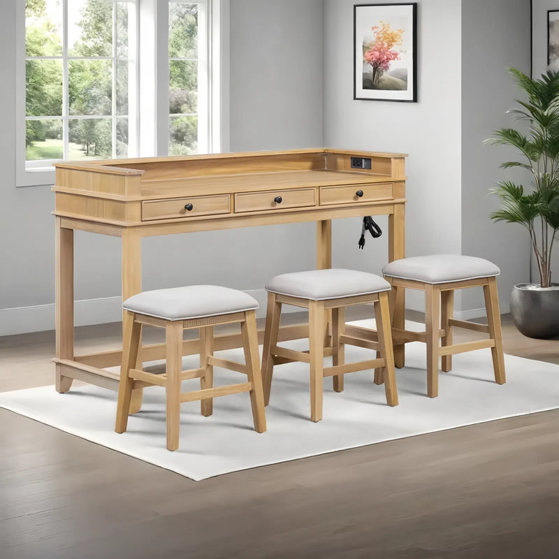 4-Piece Dining Bar Table Set With 3 Upholstered Stools, Multifunctional Dining Table With 3 Drawers,USB Port And A Power Strip