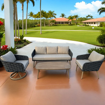 King 4-Piece Brown Aluminum Woven Rope Patio Conversation Seating Set with Acrylic Cushions