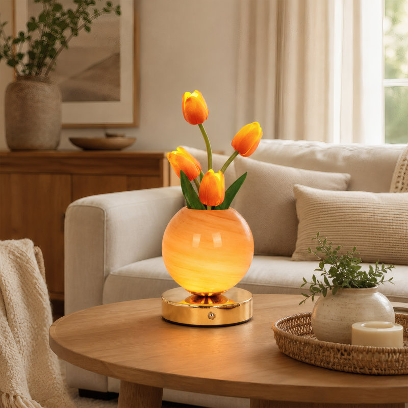 Orange Tulip Flower Table Lamp, 3-Color Touch Control Led Light With Usb Charger, Romantic Night Light