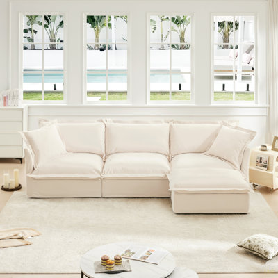 L-Shaped Slipcovered Sectional Sofa Couch, Comfy Chenille Deep Seat Cloud Couch With Convertible Ottoman & 2 Big Pillows, Modern Oversized 3 Seater Slipcovered Sofa Set For Living Room Office