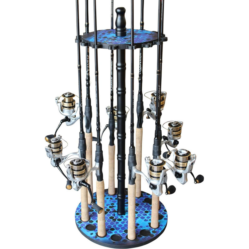 Support de 16 cannes à pêche rondes avec porte-cannes à pêche, Bleu