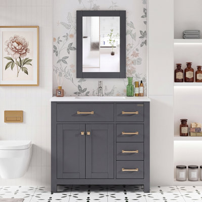 36" Single Bathroom Vanity Set with Sink Top and Mirror, Soft-Close Doors
