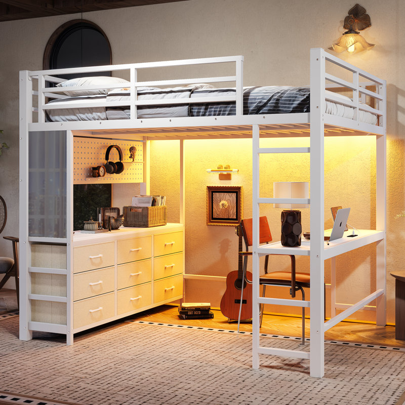 Lit mezzanine double avec bureau, tiroirs, éclairage DEL, port USB, miroir et structure robuste. Lit mezzanine multifonctionnel pour adolescents et adultes. Blanc/Noir.