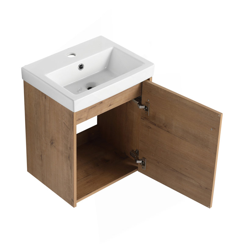 18'' Floating Wall-Mounted Bathroom Vanity With Ceramic Sink & Soft-Close Cabinet Door, For Small Bathroom, Imitative Oak
