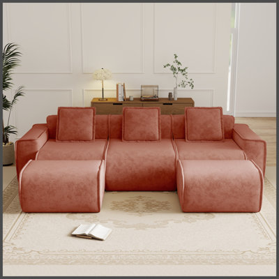 Canapé modulaire à 3 places en U avec passepoil à bordure française, sans assemblage requis, canapé 3 places avec coussins décoratifs et 2 repose-pieds mobiles, tissu de velours rouge