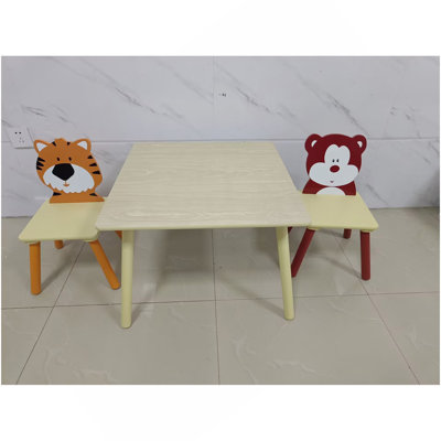 Kids Table And 2 Chairs Set, 3 Pieces Toddler Table And Chair Set, Wooden Activity Play Table Set (Bear&Tiger)