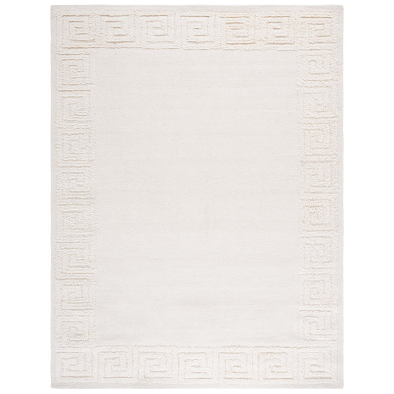 Dreshon Hand Tufted Wool/Cotton Greek Key Border Rug in Ivory, Rectangle 8' x 10'