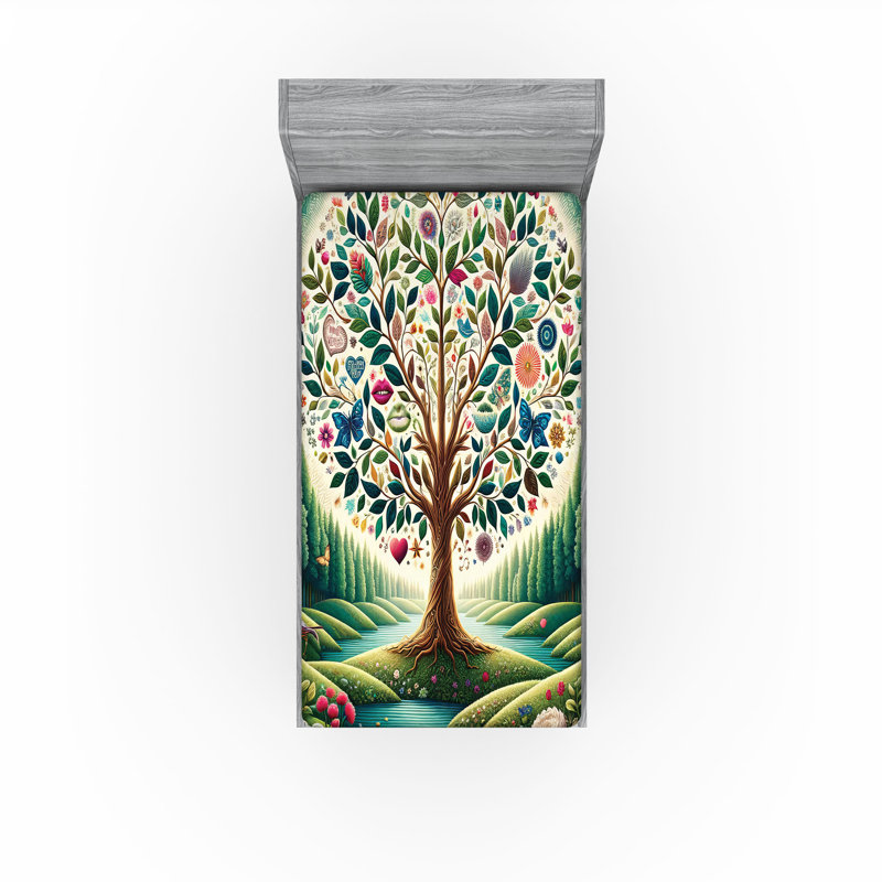 Drap-housse Ambesonne Springtime_ Arbre circulaire Flourish_ Vert bleu et rose, Simple