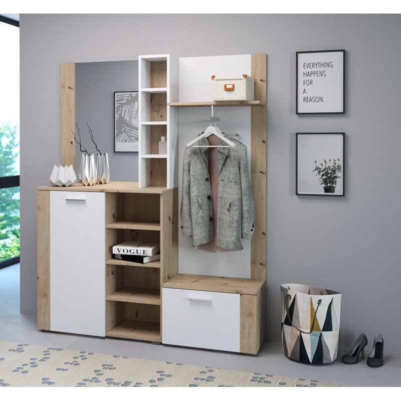Rori 150 cm W Hallway Set with Storage Bench and Shoe Storage, Oak/White