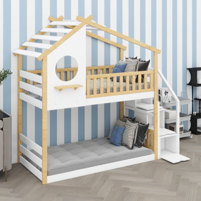 Multi-Functional Stairway Bunk Bed with House Aesthetic, Storage Solutions, and Safety Guard Rails