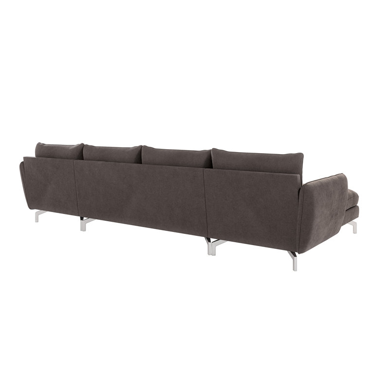 Modern U-shape Kimo Corner Sofa with Silver Metal Legs, Brown - Khaki