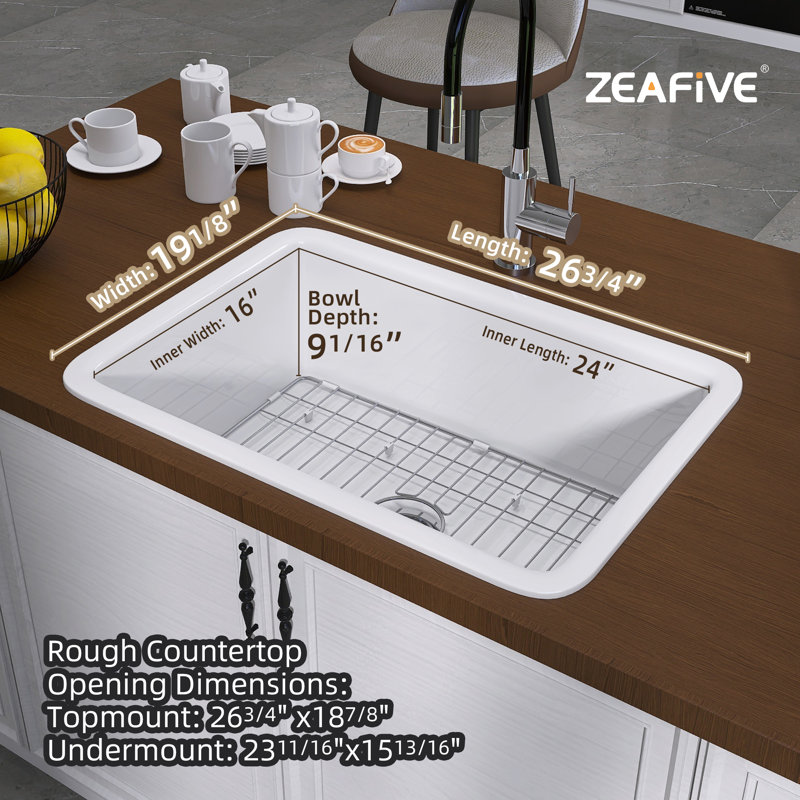 27" Fireclay Farmhouse Kitchen Sink with Sink Grid and Basket Strainer