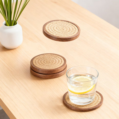 Wood Coasters For Drinks, Absorbent 4-Inch Woven Coaster Set Of 5 For Coffee Table, Housewarming Gift