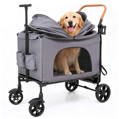Foldable Pet Stroller, 4 Wheels Folding Carrier Jogger Stroller for Dogs Cats with Canopy and Basket