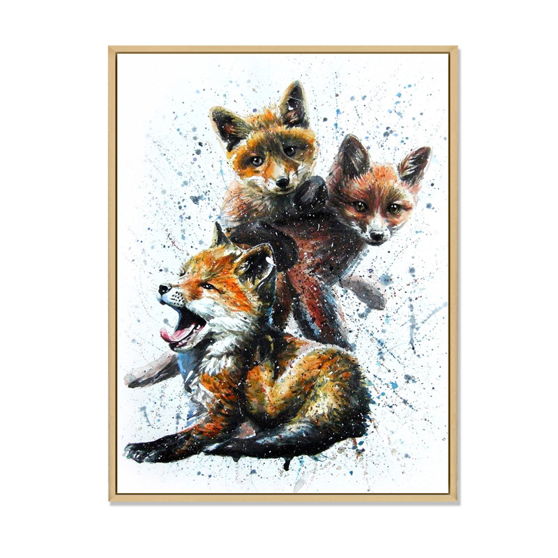 Petits renards - peinture, H 32 po x l 16 po x P 1 po, Cadre flottant brun