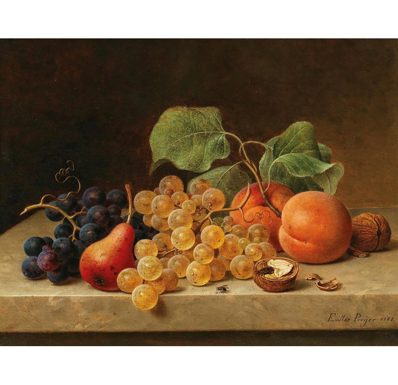 «Nature morte avec raisins, pêche, poire et noix» par Emilie Preyer - Art mural sur toile tendue avec châssis