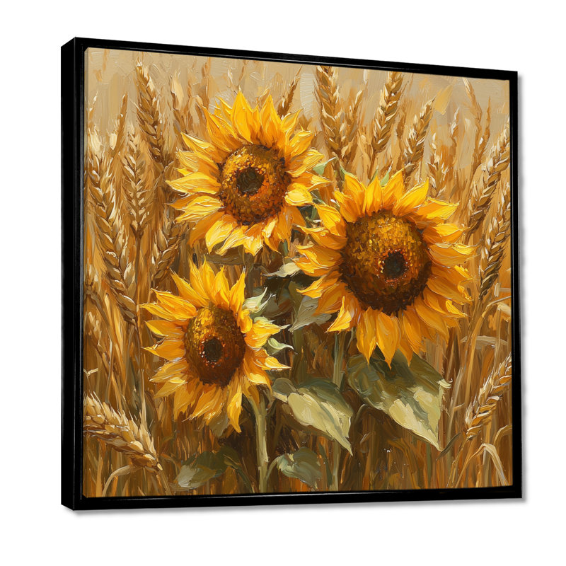 Art mural sur toile Dorell Sunflowers In The Wheat Barnyard, H 16 po x l 16 po, Impression encadrée flottante