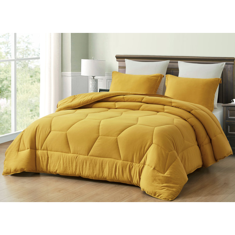 Washed Microfiber Bedding Honeycomb Comforter Set, Full/Double Comforter + 2 Standard Shams, Mustard Yellow
