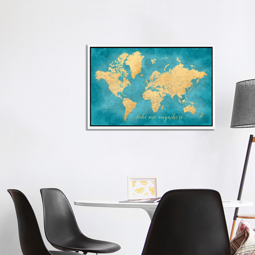 Take Me Anywhere Gold And Teal Detaillierte Weltkarte von Blursbyai - Gallery-Wrapped Canvas Giclée on Canvas